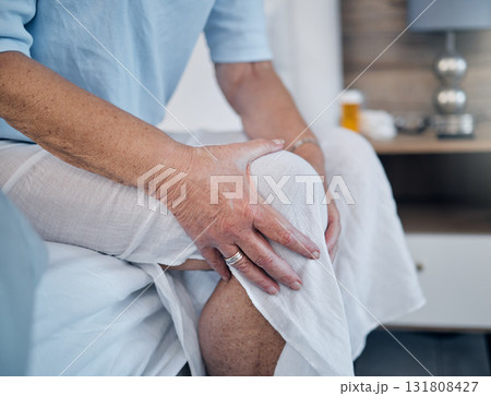Knee pain, elderly woman and health with hand, injury and old age, medical emergency with sick person and wellness. Inflammation, muscle tension and frail, arthritis or fibromyalgia with healthcare 131808427