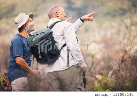 Hiking, pointing and senior men in nature for travel, walking and on a backpack adventure in Spain. Search, view and elderly friends doing bird watching and looking at environment in the mountains Hiking, pointing and senior men in nature for travel, walking and on a backpack adventure in Spain. Search, view and elderly friends doing bird watching and looking at environment in the mountains 131808539