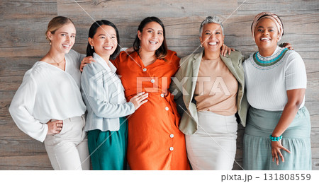 Friendship, happy and portrait of a pregnant woman with females by a wood wall at her baby shower. Happiness, diversity and group of ladies supporting, loving and bonding with pregnancy together. 131808559
