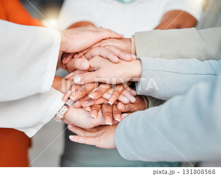 Team, hands together and collaboration in trust or unity for coordination or corporate goals at the office. Hand of group in teamwork celebration for partnership, agreement or community support 131808568