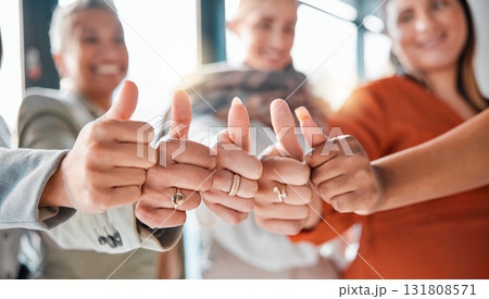 Hands, team and thumbs up for winning, deal or success in coordination or corporate achievement at office. Hand of group showing thumb sign in teamwork celebration for partnership, agreement or win Hands, team and thumbs up for winning, deal or success in coordination or corporate achievement at office. Hand of group showing thumb sign in teamwork celebration for partnership, agreement or win 131808571