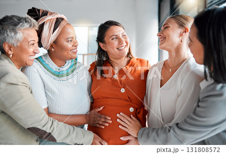 Pregnant, women touch stomach and support with smile, love and solidarity with care, wellness and bonding. Pregnancy, females and ladies feeling tummy, belly growth and community with diversity 131808572