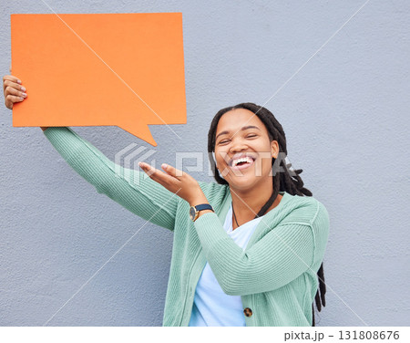 Black woman, portrait or showing speech bubble on isolated background of opinion mockup, social media or vote mock up. Smile, happy or student on paper poster, marketing billboard or feedback review 131808676