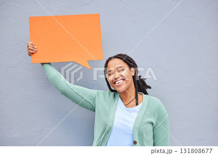 Black woman, portrait or speech bubble of opinion, social media or vote on isolated mock up, grey background or mockup. Smile, happy or student on paper poster, marketing billboard or feedback review 131808677