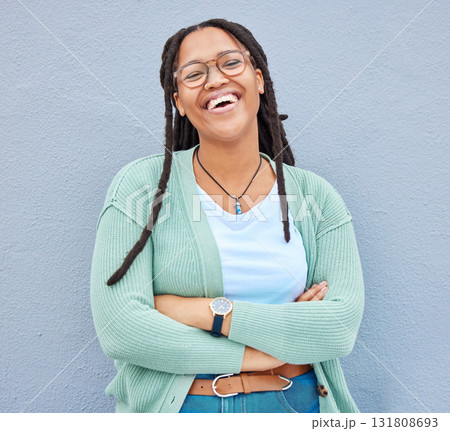 Portrait, happy and black woman with mockup in studio for advertising, space and proud on grey background. Face, smile and girl relax on wall, laugh and excited with product placement on copy space 131808693