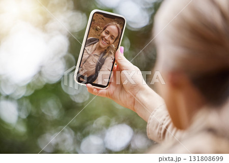 Hiking, phone selfie or happy woman in nature, forest or wilderness live streaming trekking adventure. Pictures, 5g social media online post or girl hiker walking in natural park or woods on holiday 131808699