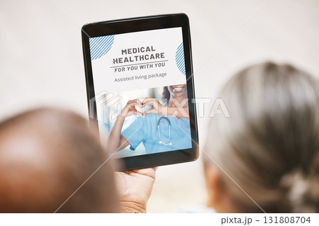 Tablet, healthcare or old couple reading health insurance information on a medical website or internet. Digital app, screen or elderly man searching online for a life plan or policy with senior woman Tablet, healthcare or old couple reading health insurance information on a medical website or internet. Digital app, screen or elderly man searching online for a life plan or policy with senior woman 131808704