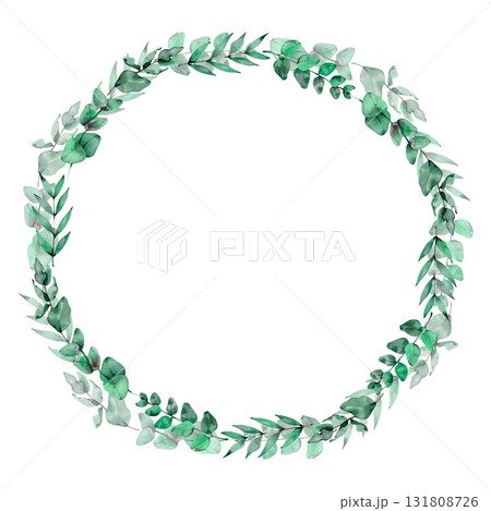 Beautiful round frame wreath of eucalyptus, branches, leaves, greenery. For wedding invitations, vignettes, postcards, posters, labels Beautiful round frame wreath of eucalyptus, branches, leaves, greenery. For wedding invitations, vignettes, postcards, posters, labels 131808726