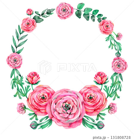 Watercolor vintage flowers wreath. Hand painted round frame with pink ranunculus, leaves and floral elements. Watercolor vintage flowers wreath. Hand painted round frame with pink ranunculus, leaves and floral elements. 131808728