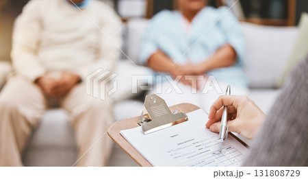 Survey, old couple or doctor with a checklist for health insurance information on a medical questionnaire. Communication, man or elderly woman listening to nurse about a life plan or policy data 131808729