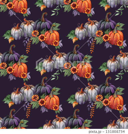 Autumn pumpkins seamless pattern. Sunflowers, flowers, leaves. Perfect for fall, Thanksgiving, holidays, fabric, textile. Seamless repeat swatch. Autumn pumpkins seamless pattern. Sunflowers, flowers, leaves. Perfect for fall, Thanksgiving, holidays, fabric, textile. Seamless repeat swatch. 131808734