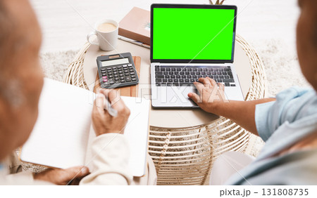 Green screen, home finance and laptop of senior couple planning budget, banking online and asset management. People on computer with financial strategy, loan or investment on mockup space for website 131808735