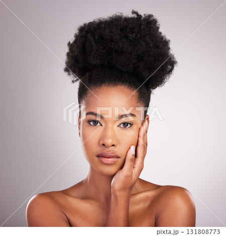 Skincare, dermatology and portrait black woman with beauty, white background and salon cosmetics. Health, luxury and natural makeup, African model in studio for healthy skin care and spa wellness. Skincare, dermatology and portrait black woman with beauty, white background and salon cosmetics. Health, luxury and natural makeup, African model in studio for healthy skin care and spa wellness. 131808773