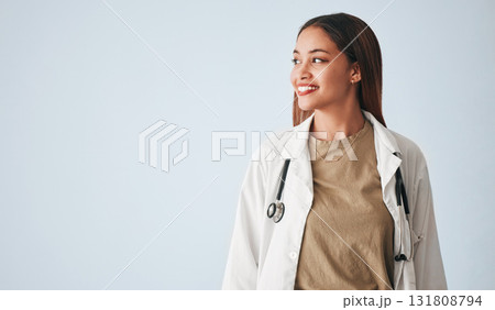 Idea, woman and smile of doctor in studio isolated on a white background mockup. Thinking, healthcare and happy, confident and proud medical professional, surgeon or female physician for wellness. Idea, woman and smile of doctor in studio isolated on a white background mockup. Thinking, healthcare and happy, confident and proud medical professional, surgeon or female physician for wellness. 131808794