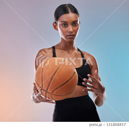 Basketball portrait, sports fitness and woman ready for workout challenge, practice game or studio competition. Performance training, health exercise and athlete model isolated on gradient background 131808857