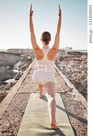 Yoga, fitness and woman stretching for wellness, healthy lifestyle and cardio workout in New Zealand. Sports, pilates and back of girl for meditation, training and exercise for zen, peace and calm 131809001