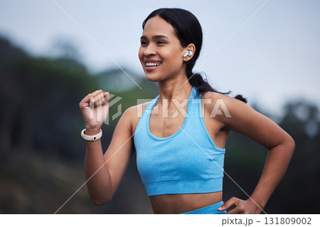 Runner fitness, woman and nature fog in cardio challenge, morning exercise goals and fast energy for progress. Training, workout and happy running of person jogging and listening to music outdoor 131809002