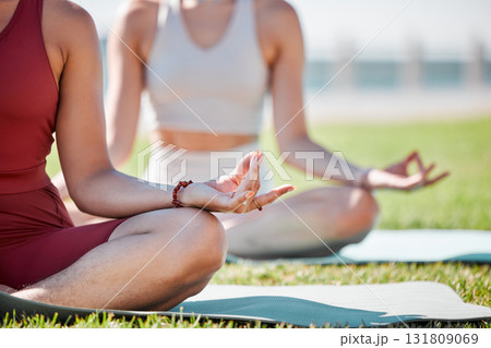 Yoga, lotus hands and couple of friends or women for zen fitness, exercise and mindfulness, healing and peace in park. Meditation, nature and calm people or health personal trainer for body wellness 131809069