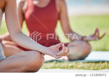 Yoga class, lotus hands and women for zen fitness, exercise and mindfulness, healing and peace in park grass. Meditation, nature and calm people, personal trainer for mental health and body wellness Yoga class, lotus hands and women for zen fitness, exercise and mindfulness, healing and peace in park grass. Meditation, nature and calm people, personal trainer for mental health and body wellness 131809072