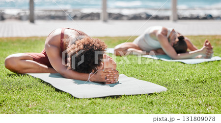 Women, yoga friends and stretching on lawn for wellness, strong legs and body goals by ocean in morning. Woman teamwork, fitness and exercise on grass with support, focus and mindfulness in summer 131809078