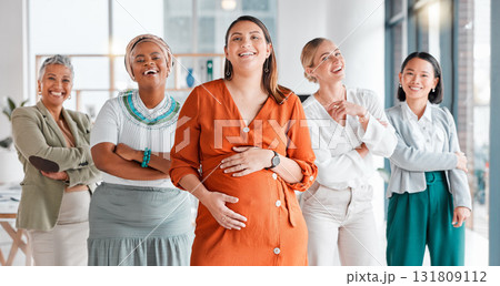 Arms crossed, leadership and portrait of a pregnant woman with a team for diversity in the workplace. Collaboration, happy and women with pride and trust for teamwork and a manager during pregnancy Arms crossed, leadership and portrait of a pregnant woman with a team for diversity in the workplace. Collaboration, happy and women with pride and trust for teamwork and a manager during pregnancy 131809112