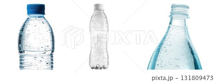Three plastic water bottles different shapes and caps isolated on white background Three plastic water bottles different shapes and caps isolated on white background 131809473