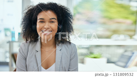 Happy woman, portrait or headset in call center, customer support or CRM consulting in contact us or telemarketing office. Smile, business or receptionist on headset for communication, help or advice 131809532