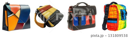 Colorful messenger bags and backpacks displayed together isolated on white background 131809538