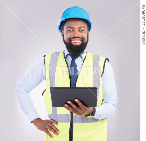 Engineering, black man and tablet in studio portrait with smile, architecture and building design. Male architect, mobile touchscreen or excited face for property, development or project with app ux Engineering, black man and tablet in studio portrait with smile, architecture and building design. Male architect, mobile touchscreen or excited face for property, development or project with app ux 131809645