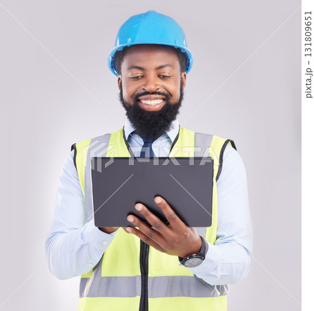 Black man, engineer and tablet in studio for construction with smile for architecture, design or building. Architect, mobile touchscreen and excited face for property, development and project on app Black man, engineer and tablet in studio for construction with smile for architecture, design or building. Architect, mobile touchscreen and excited face for property, development and project on app 131809651
