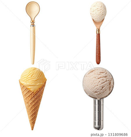 Ice cream cones and scoops food photography still life isolated on white background 131809686