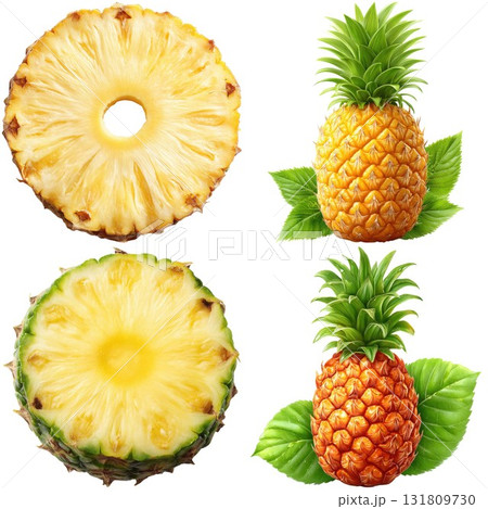 Fresh pineapple slices and whole fruits with green leaves isolated on white background 131809730