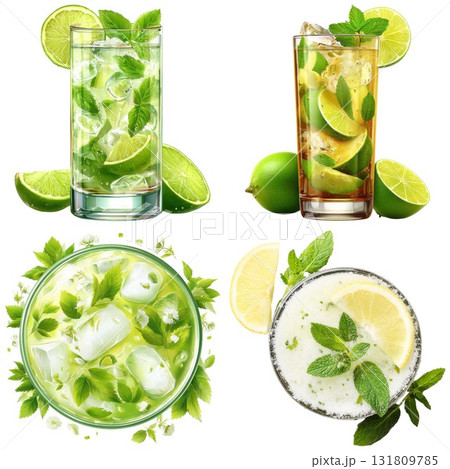 Refreshing mojito cocktails four ways with fresh mint and lime isolated on white background 131809785