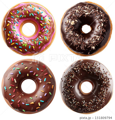Four delicious chocolate and frosted doughnuts with sprinkles top view isolated on white background 131809794