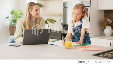 Education, mother and girl writing in kitchen for school task, assignment or homework. Family, learning or woman with child teaching, explaining or helping kid with books on table and remote work 131809822