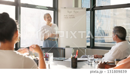 Business, woman manager and whiteboard presentation for marketing proposal, branding ideas and staff training. Group of people listening to speaker in workshop, meeting goals or project brainstorming 131809839