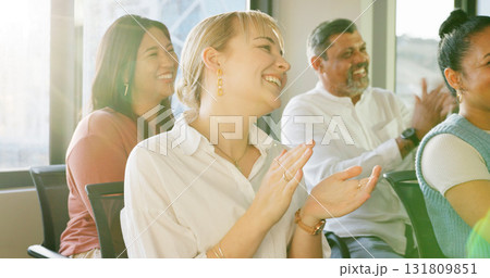 Business people, audience and team applause for meeting success, congratulations or praise in workshop or conference. Happy group of employees listening and clapping for news and support in workshop Business people, audience and team applause for meeting success, congratulations or praise in workshop or conference. Happy group of employees listening and clapping for news and support in workshop 131809851
