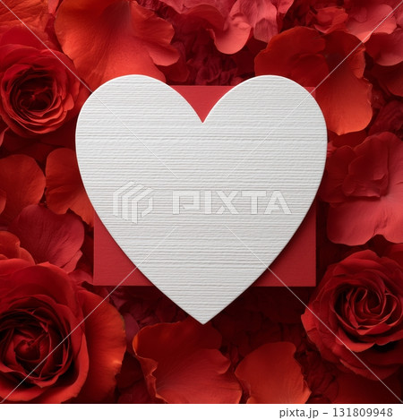 Heart Shape on Red Background Surrounded by Red Roses for Romantic Occasions Heart Shape on Red Background Surrounded by Red Roses for Romantic Occasions 131809948