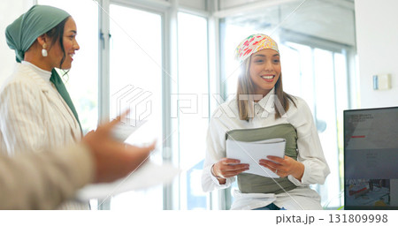 Happy woman, creative and meeting in presentation, coaching or team collaboration with documents at office. Female person, mentor or manager talking or training staff in planning or ideas for startup 131809998