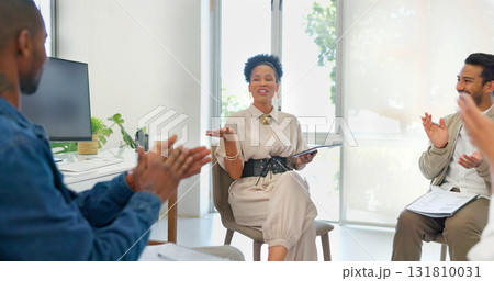 Business people, talking or clapping for success in meeting or workshop training for growth, target or goal. Smile, teamwork or applause for happy winner or black woman in celebration for achievement 131810031