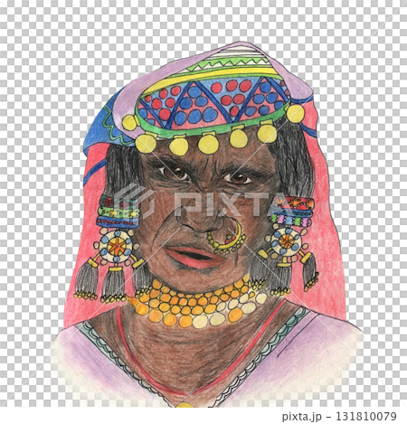 Indian elderly women portrait with bindi, drawing colored pencils. Adult women, grandma in national costume, sari, dupatta and jewelry. Character in children illustration, female Eastern exotic image 131810079