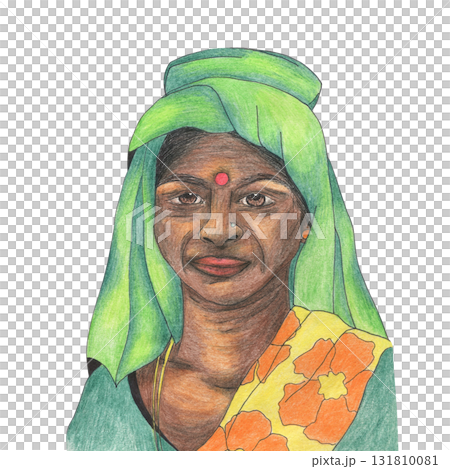 Indian women portrait with bindi and dupatta, in national costume, sari. Drawing colored pencils. Adult women. Hand drawn character in children illustration, female Eastern exotic colorful image 131810081