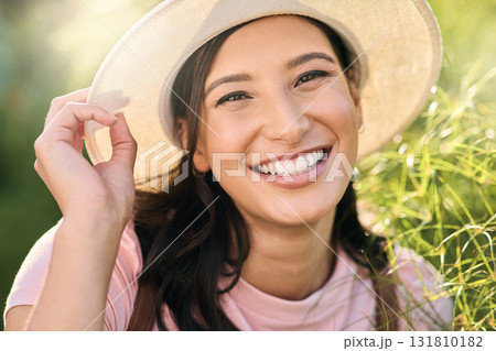 Portrait, woman and smile on countryside vacation, Canadian girl and weekend break. Face, female tourist and lady with happiness, carefree and freedom on holiday, tourism and outdoor with joy and fun 131810182