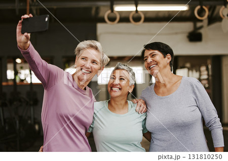 Selfie, friends and senior women in gym taking pictures for happy memory together. Sports, laughing and group of retired females taking photo for social media post after workout, training or exercise 131810250