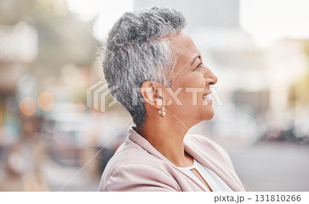 Senior woman, city and business person profile with blurred background thinking of finance work. Urban, investment vision and mature female outdoor happy about investing and retirement ideas 131810266