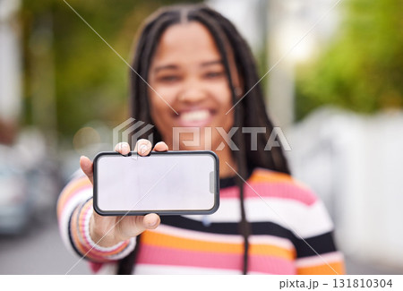 Mockup screen, phone or black woman with marketing advertising or product placement digital space. Blurred, smile or happy gen z girl on social media, website or internet for content branding review 131810304