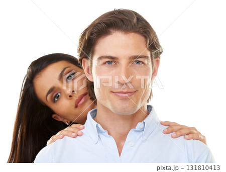 Happiness, love and portrait of couple together on a date hugging on valentines day isolated in a studio white background. People, lovers and man with woman for romance in a relationship Happiness, love and portrait of couple together on a date hugging on valentines day isolated in a studio white background. People, lovers and man with woman for romance in a relationship 131810413
