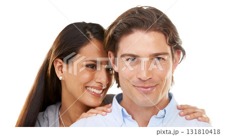 Valentines day, love and couple on a date hugging in happiness and happy isolated in a studio white background. Portrait, lovers and man with woman for romance in a relationship together 131810418