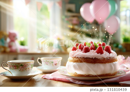Elegant Raspberry Cream Cake and Floral Tea Cups for a Festive Party. 131810439