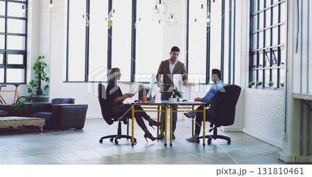Business meeting, ceo and employees in executive office for planning and strategy discussion at architecture agency. Business people, architect and designer team with plan, creative vision and ideas. 131810461